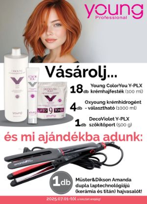 Kép AKCIÓ - 18 db Young hajfestékhez + 4 Liter Young PLX Krémhidrogénhez + 1 db Young PLX Viola szőkítőporhoz AJÁNDÉK Hajvasaló